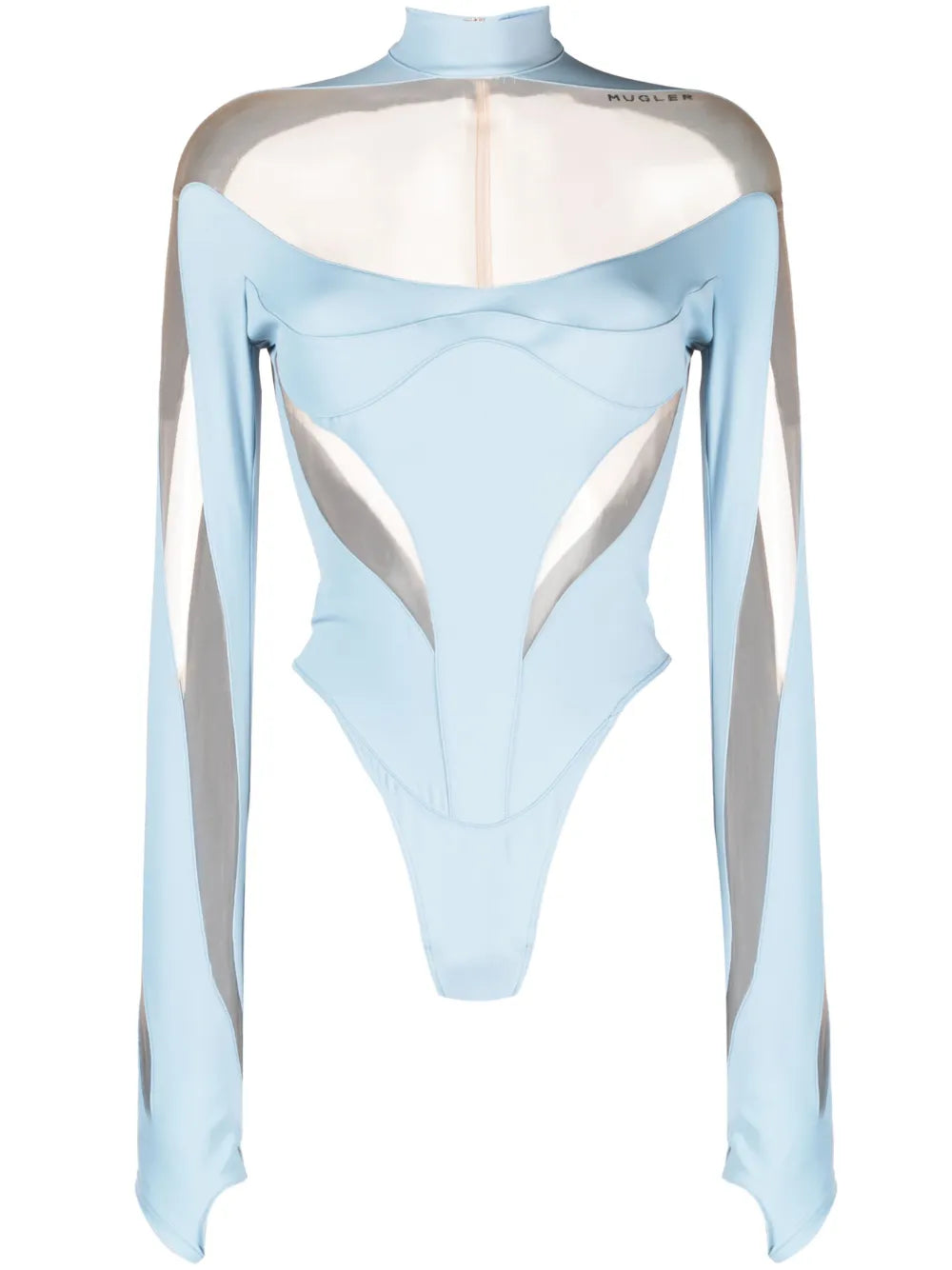 Mugler Panelled Sheer Bodysuit Sky Blue Long Sleeve Stretch Fit