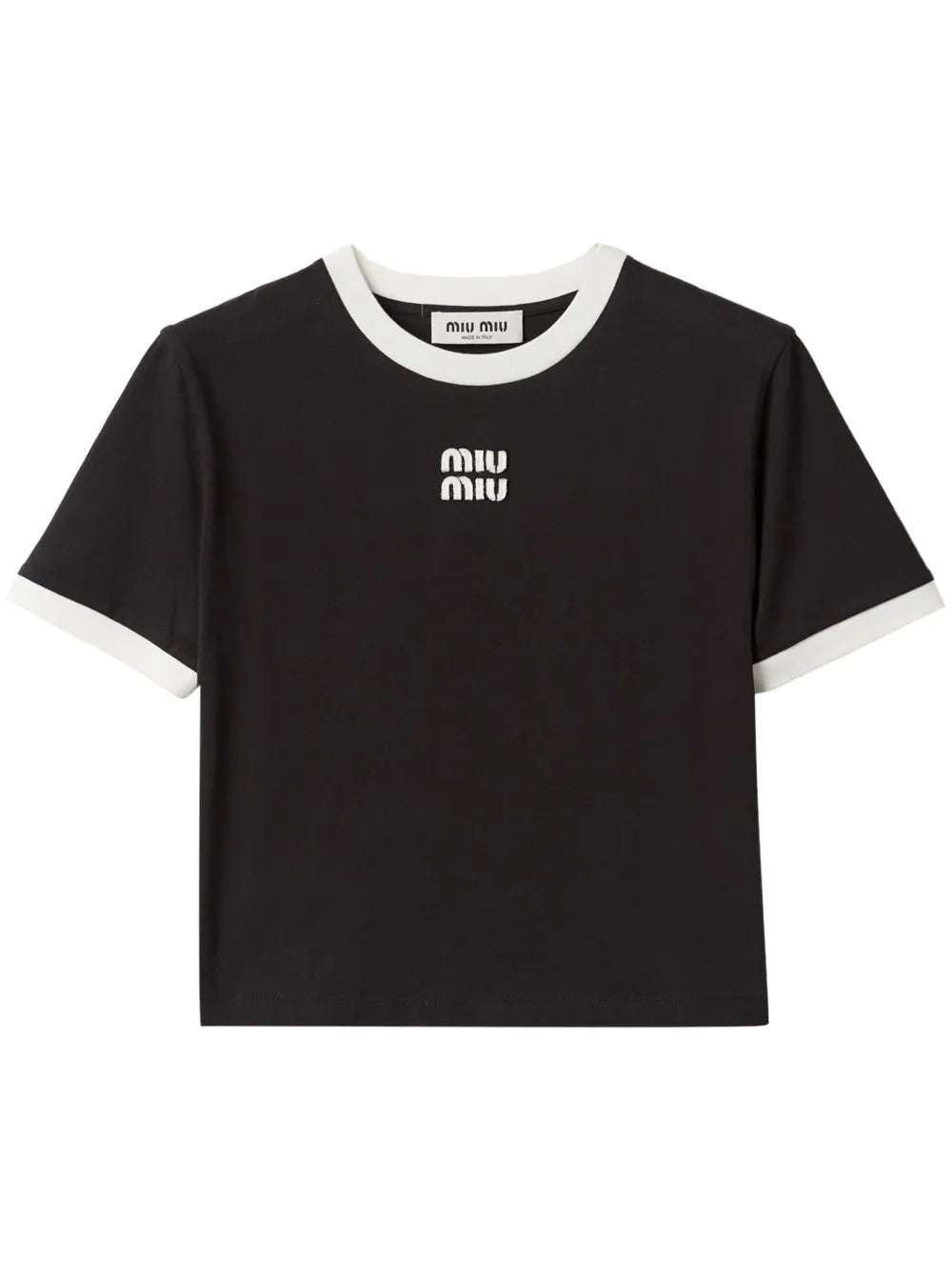 Miu Miu Black Logo Embroidered Cropped Cotton Jersey T Shirt