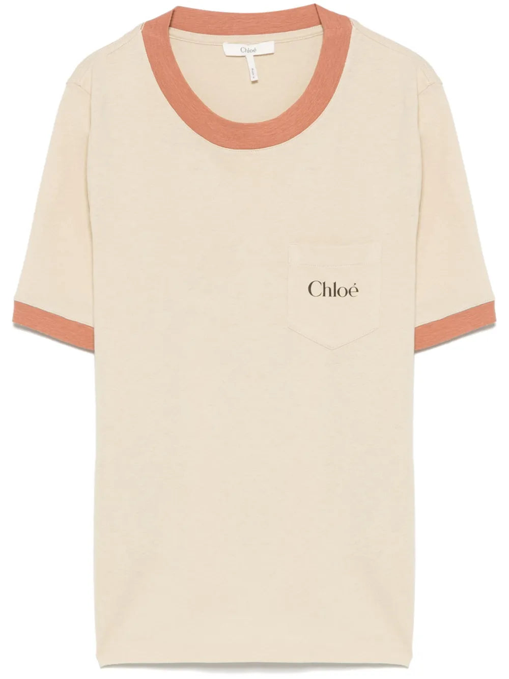 Chloé Sand Beige Logo Print Cotton T-Shirt with Ribbed Cuffs