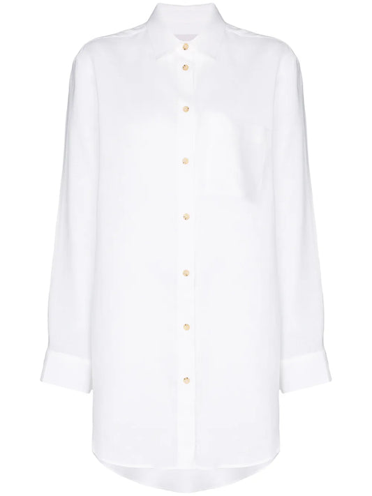 Asceno White Oversized Linen Shirt With Long Sleeves And Curved Hem