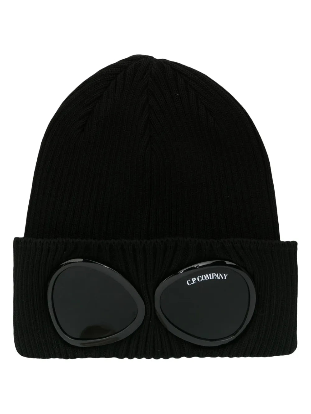 C P Company Black Ribbed Cotton Beanie with Signature Goggles Detail