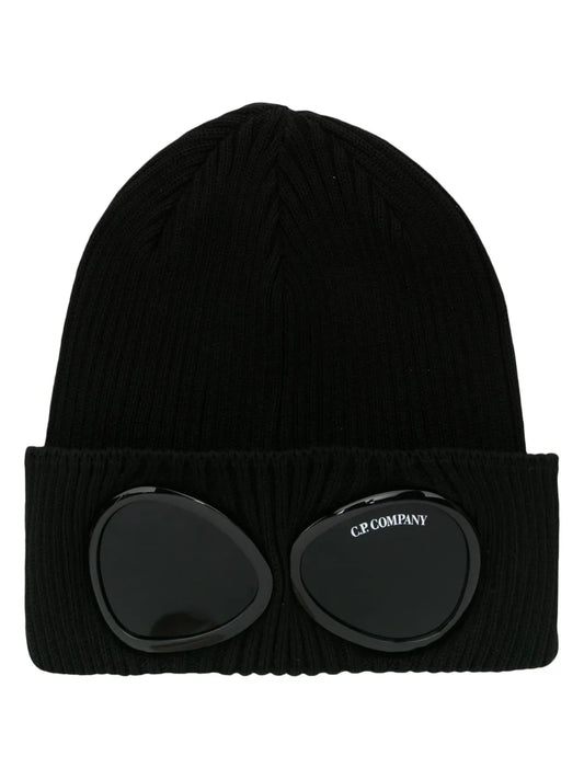 C P Company Black Ribbed Cotton Beanie with Signature Goggles Detail