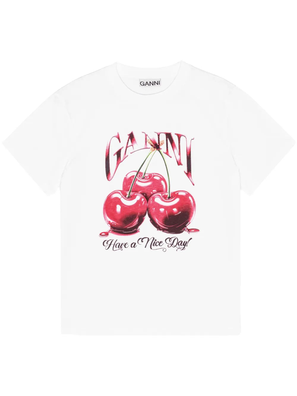 GANNI White Cotton Logo Print Graphic T Shirt Casual Fit Short Sleeve