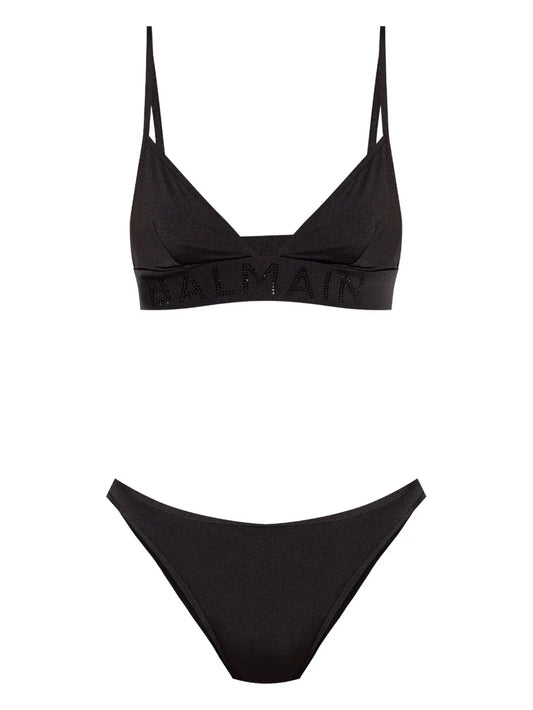 Balmain Black Rhinestone Embellished Stretch Bikini Set For Women
