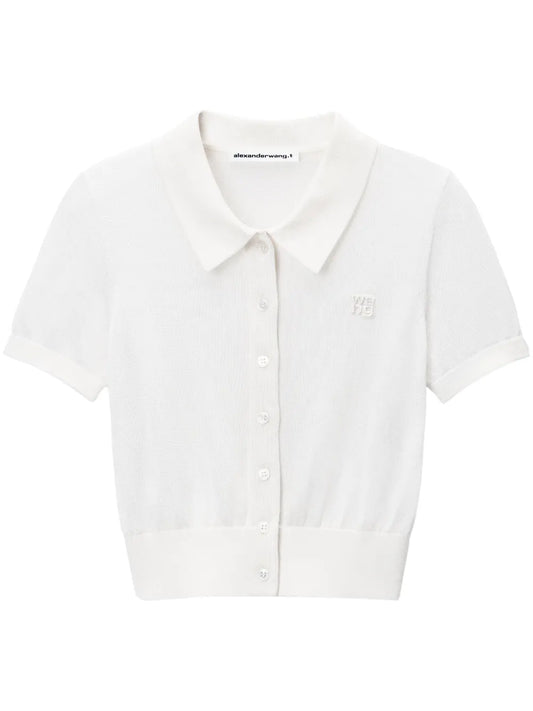 Alexander Wang Women's White Logo Embroidered Polo Cardigan Stylish Elegant Layering