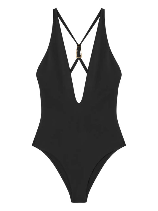 Black Safety Pin V Neck Criss Cross Strap Swimsuit
