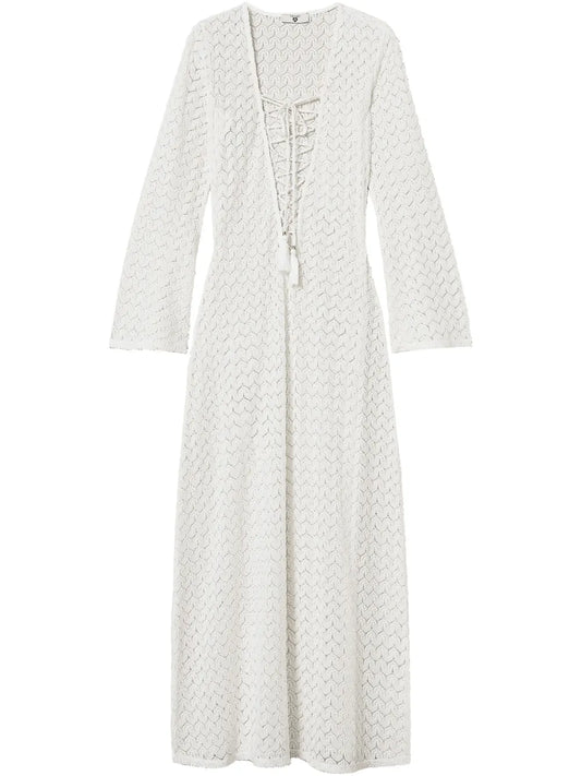 Twinset White Open Knit Cotton Beach Dress with Tie Front