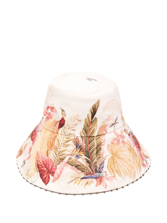 Zimmermann Blush Beige Printed Linen Bucket Hat With Bead Details