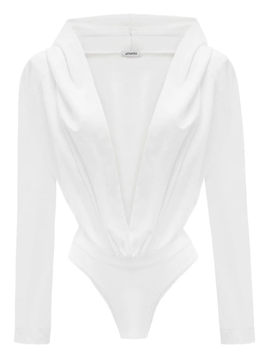 ANNAFOXY Women's White Draped Bodysuit Top